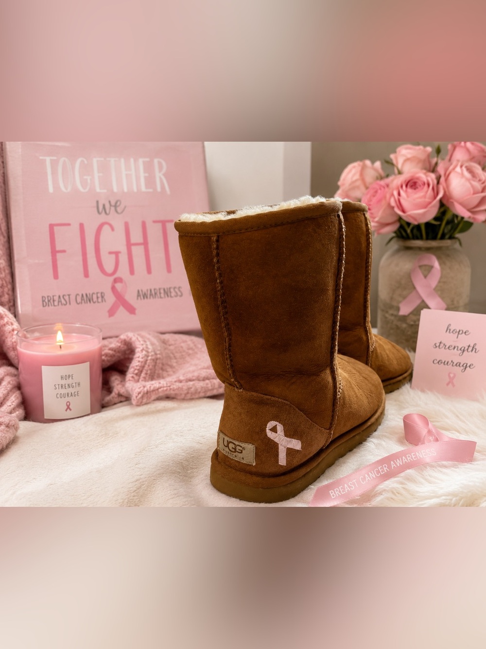 UGG Classic Short Breast Cancer Awareness Chestnut Boots Pink Ribbon Size 6 Rare